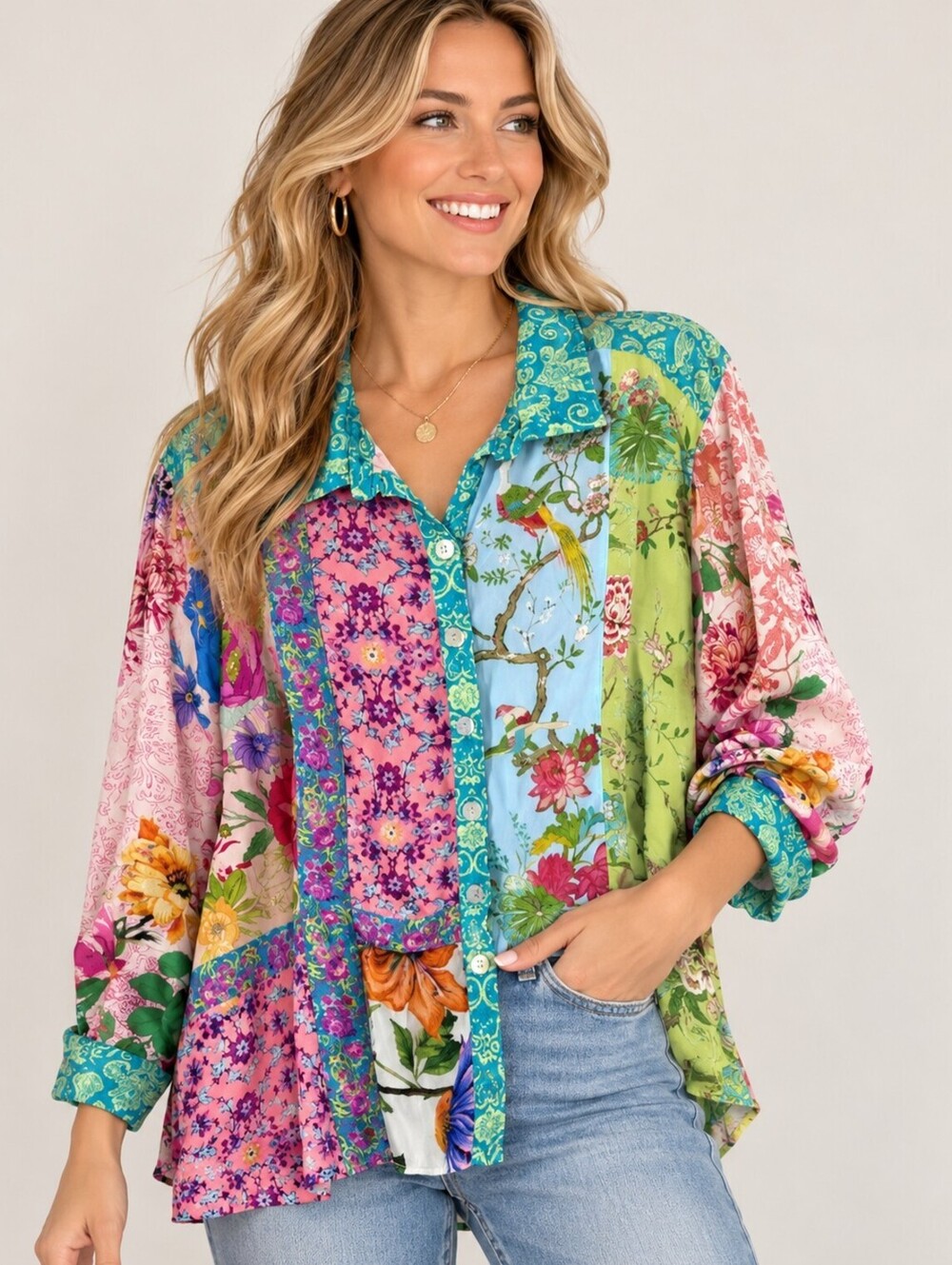 John Mark Multi-Color Floral Patchwork Button-Up Blouse Size 3X Plus Boutique